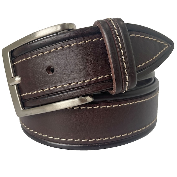 Mens Brown Single Skin Bull Hide Italian leather belt tapered tip cream stitched 40mm