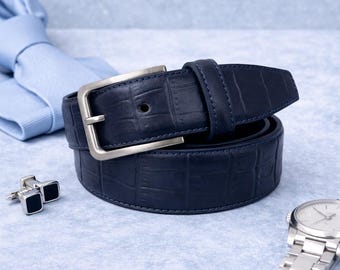Handmade Italian Leather Belt, Darkest Navy Blue Crocodile Embossed, Silver Buckle