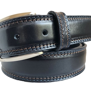Italian Leather Belt Darkest Navy Blue  Calf Leather Cognac Contrast Stitch 35mm