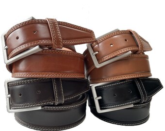 Mens Italian Leather Belt: Cognac Tan or Black, Double Stitched (40mm)