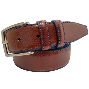 Italian Calf Leather Belt Cognac with Blue accents 35mm