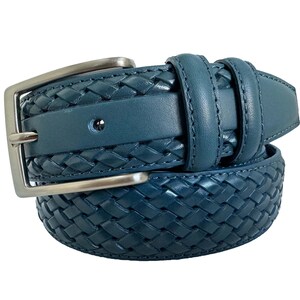 May include: A dark blue leather belt with a woven design and a silver buckle.