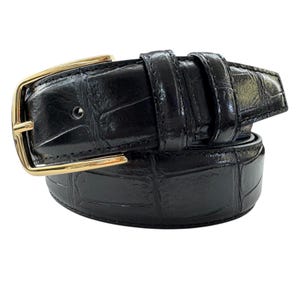 Italian Leather Black Crocodile Print Belt Gold Buckle 35mm