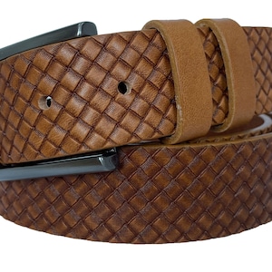 Italian Leather Belt Honey Tan Single Skin Hide Leather Check Weave Embossed 35mm