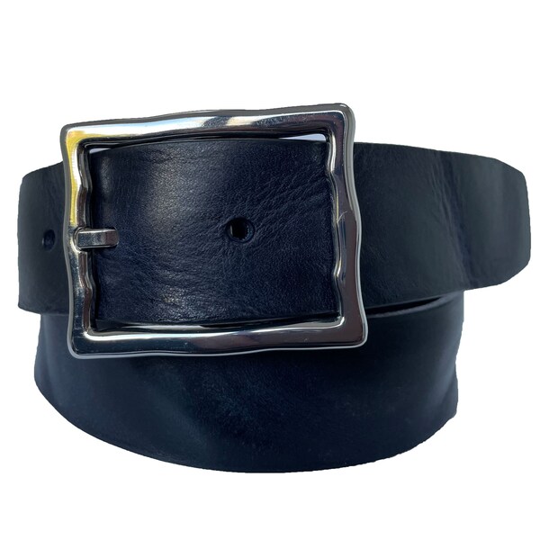 Distressed Darkest Navy Blue Single Skin Italian Cow Hide Leather Belt Rectangle Buckle 35mm