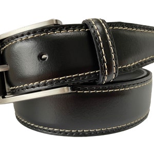 Mens Black Italian Leather Belt leather buckle tab contrast stitching 35mm