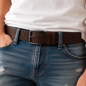 Puede incluir: Un cinturón marrón oscuro con textura perforada y una hebilla de metal negro mate. El cinturón se lleva a través de las trabillas de unos vaqueros azules, con una trabilla fija de color marrón oscuro cerca de la hebilla rectangular.