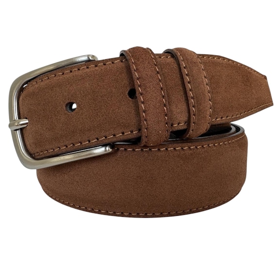 Mens Italian Suede Belt Tobacco Brown Double Loop 35mm