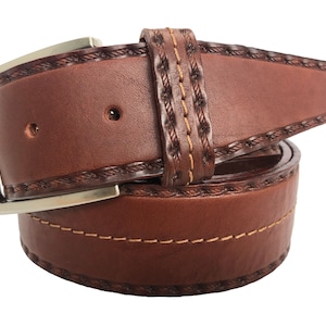 Mens Tan Italian Hide Leather Belt tapered tip central stitch  40mm