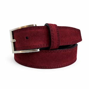 Mens Italian suede belt Burgundy Maroon 35mm