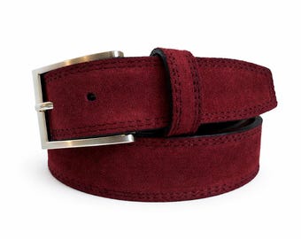 Mens Italian suede belt Burgundy Maroon 35mm
