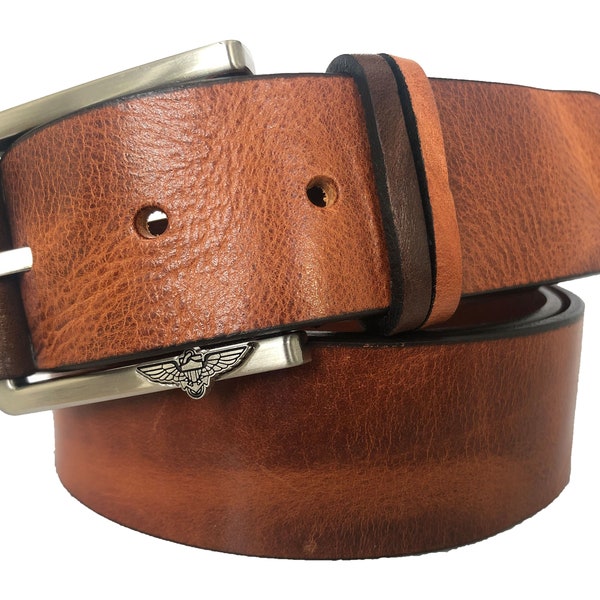 Mens Cognac Tan Italian Hide Leather Belt leather buckle tab with an eagle emblem 40mm