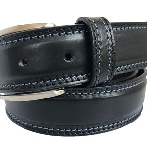 Italian Leather Belt Black with Blue Contrast Stitch 35mm