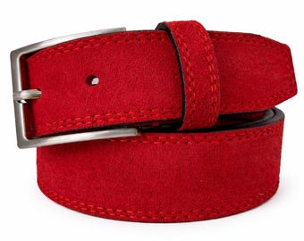 Mens Italian Suede Belt Red 35mm