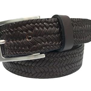 Mens brown single skin hide Italian hide leather belt weave embossed  30mm