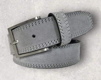 Handcrafted Grey Suede Belt: Italian Leather, Silver Buckle