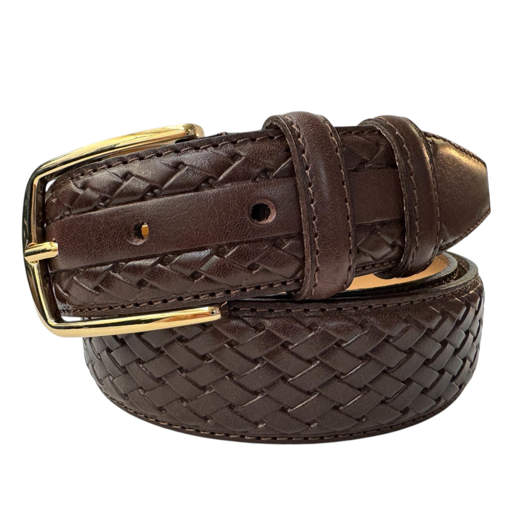 Italian Leather Belt Gold Buckle Brown Calf Leather Weave  display picture 2