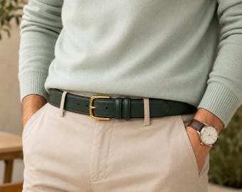 Racing Green Italian Leather Dress Belt with Gold Buckle for Men