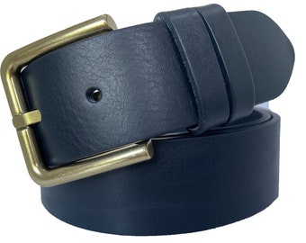 Mens Darkest Navy Blue Single Skin Bull Hide Italian leather belt Brass Buckle 40mm