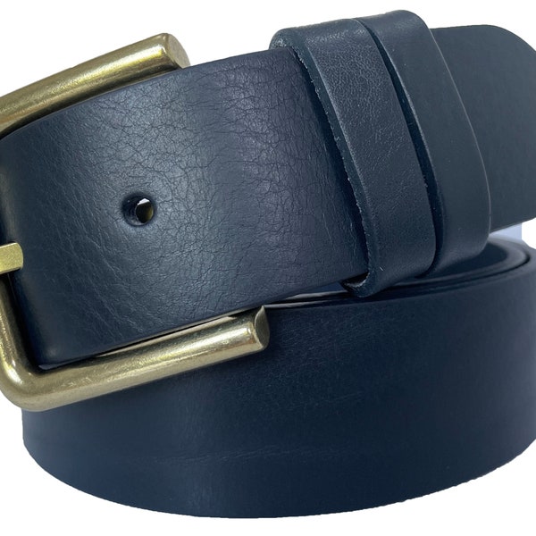 Mens Darkest Navy Blue Single Skin Bull Hide Italian leather belt Brass Buckle 40mm