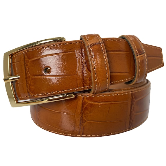 Italian Leather Tan Crocodile Print Belt Gold Buckle 35mm - Etsy display picture 2