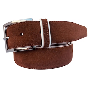 Mens Italian suede belt  Brown with Contrast White 35mm