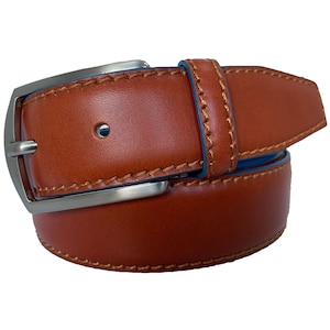 Italian Calf Leather Belt Tan with Blue accents 35mm