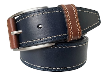 Mens Blue Brown Italian Hide Leather Belt  Leather Buckle Tab 40mm