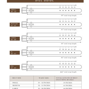 May include: Size guide for belts from Italian Belt Company. The guide shows belt sizes from small (76-81 cm) to XXL (107-117 cm), with corresponding waist sizes and total belt lengths. The image includes diagrams of belts with measurements.