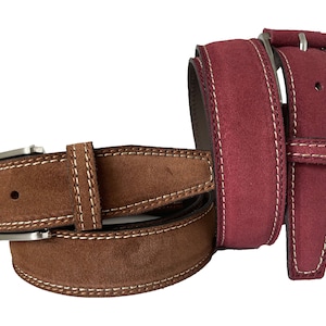 Mens Italian Suede Belt Burgundy Brown cream contrast stitch 35mm