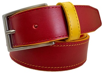 Mens Red with Yellow accents Single Skin Italian Hide Leather Belt 35mm