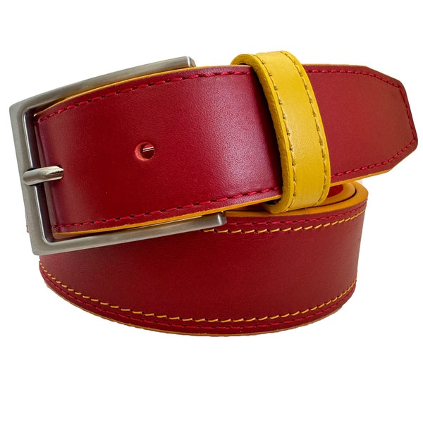 Mens Red with Yellow accents Single Skin Italian Hide Leather Belt 35mm