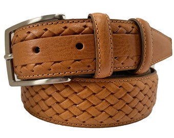 Italian Leather Belt Honey Tan Calf Leather Weave Embossed 35mm