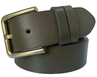 Mens Brass Buckle Olive Military Green Single Skin Bull Hide Italian leather belt  40mm