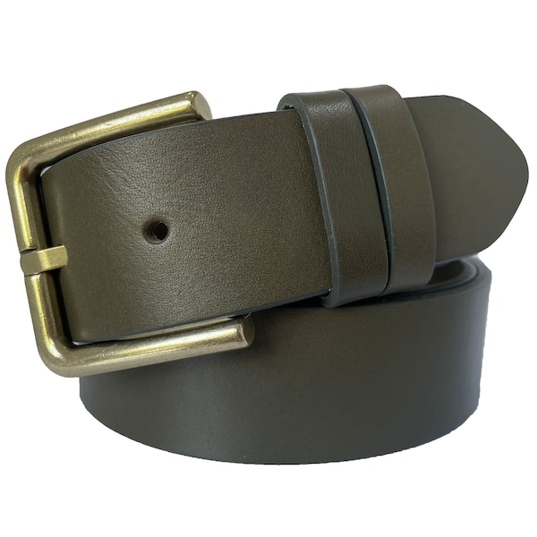 Mens Brass Buckle Olive Military Green Single Skin Bull Hide Italian leather belt  40mm