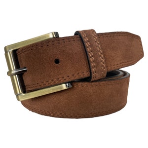 Mens Italian Suede Belt Classic Brown with a two-tone Brass Polish Buckle  35mm