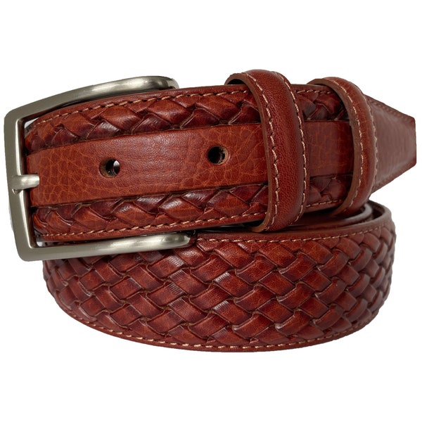 Italian Leather Belt  Cognac Tan Calf Leather Weave Braid Embossed 35mm