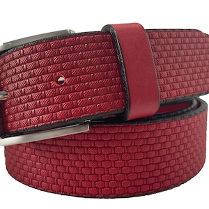 Italian Leather Belt Red Single Skin Hide Leather Embossed Design 35mm