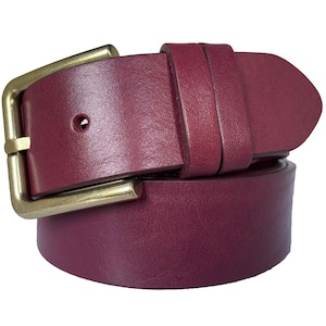 Mens Brass Buckle Burgundy Pink Single Skin Bull Hide Italian leather belt  40mm