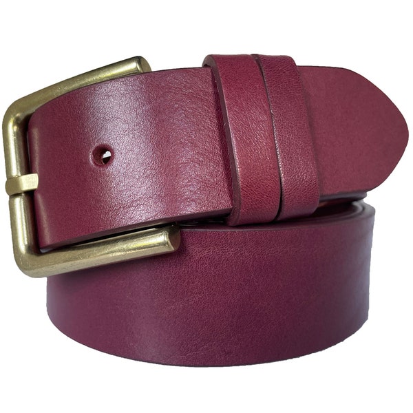 Mens Brass Buckle Burgundy Pink Single Skin Bull Hide Italian leather belt  40mm