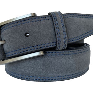 Mens Italian Suede Belt Grey with Blue Contrast Stitch 35mm
