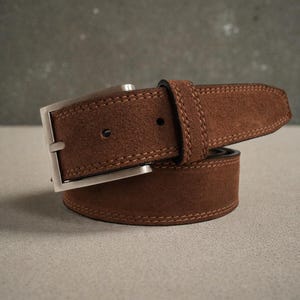 Puede incluir: Un cinturón de ante marrón con una hebilla rectangular plateada. El cinturón tiene un borde cosido y una presilla para sujetarlo. Un accesorio clásico para pantalones.