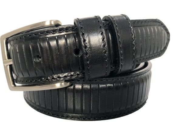 Italian Leather Belt Black Line Embossed 35mm - Etsy display picture 2