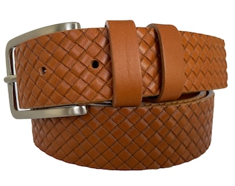 Italian Leather Belt Tan Single Skin Hide Leather Check Weave Embossed 35mm