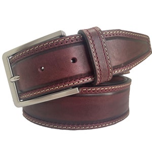 Mens Burgundy Ox Blood Single Skin Hide Marbled Italian leather double stitched belt 40mm