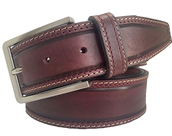 Mens Burgundy Ox Blood single skin hide Italian hide leather double stitched belt 40mm