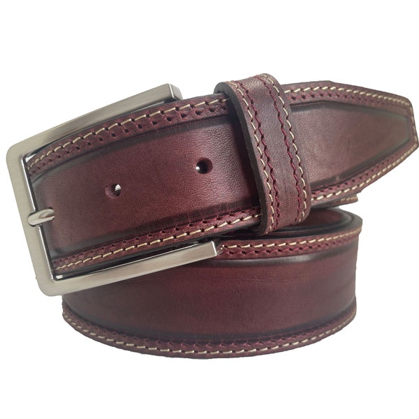 Mens Burgundy Ox Blood single skin hide Italian hide leather double stitched belt 40mm