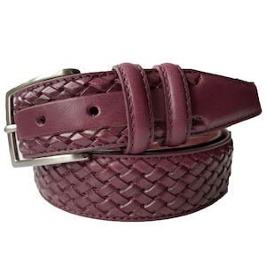 Italian Leather Belt Burgundy Calf Leather Weave Embossed 35mm