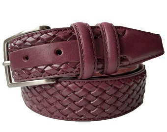 Italian Leather Belt Burgundy Calf Leather Weave Embossed 35mm