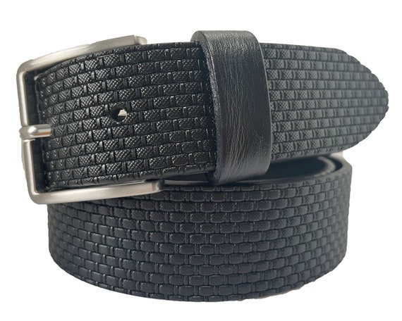 Italian Leather Belt Black Single Skin Hide Leather Textured Weave Embossed 40mm